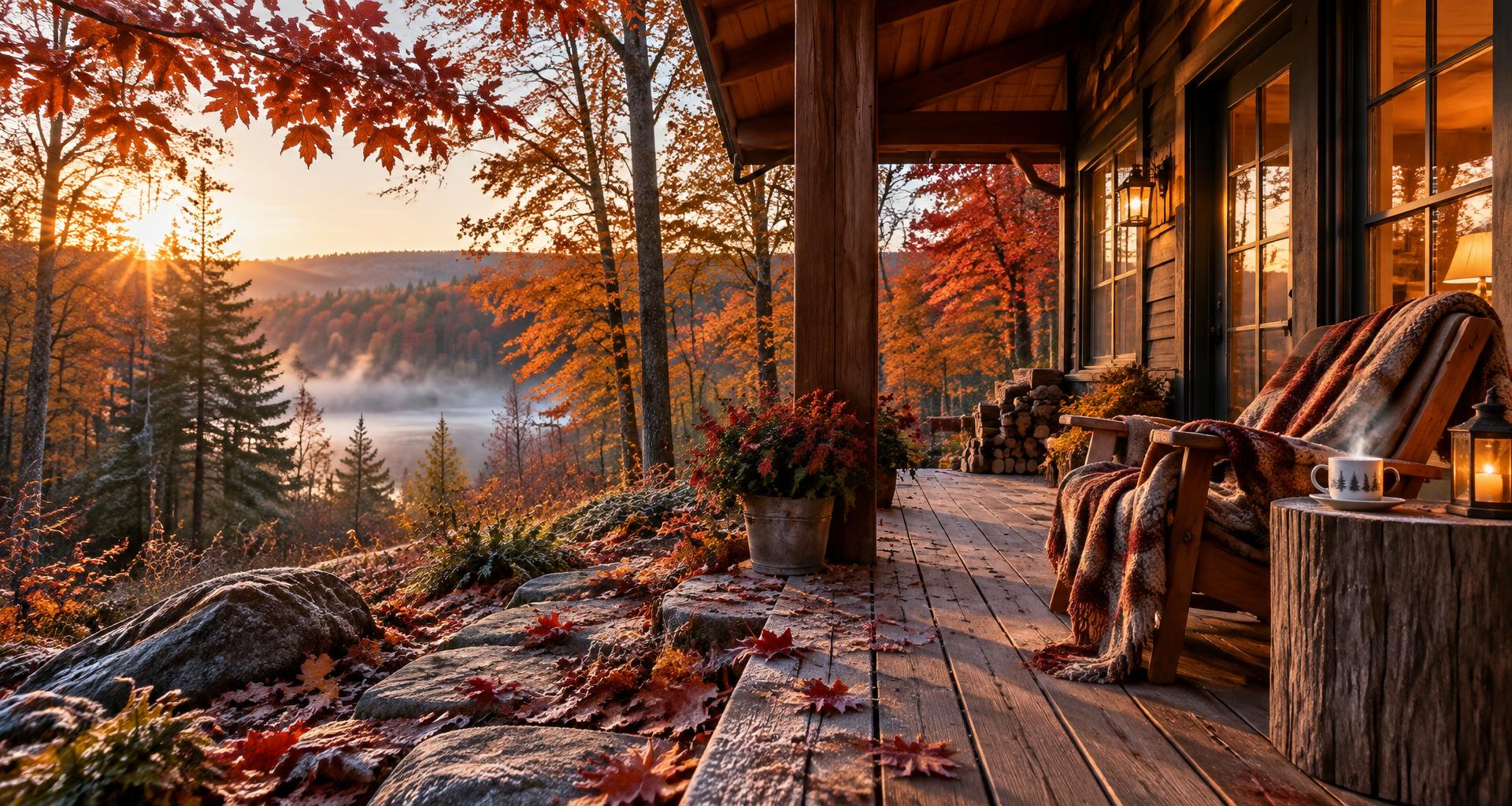 Cozy autumn cabin porch with maple leaves, a blanket and a hot drink